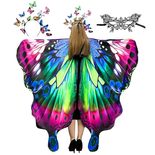 Schmetterling Kostüm Damen,Schmetterlingsflügel Erwachsene,Feenflügel,Schmetterling Umhang Schal Mit Schmetterling Haarreif Spitze Maske,Für Cosplay Karneval Halloween Weihnachten Party Kostüm (B) von ZJILIXIA