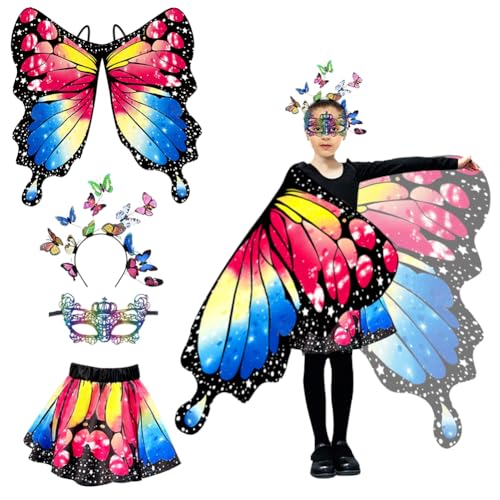 Schmetterling Kostüm Kinder,Schmetterling Flügel Umhang,Schmetterlingsflügel Mädchen Mit Schmetterlingsflügel,Tutu Rock,Haarreif,Gesichtsbedeckungen,Für Karneval Fasching Halloween Cosplay (C) von ZJILIXIA