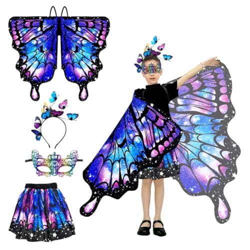 Schmetterling Kostüm Kinder,Schmetterling Flügel Umhang,Schmetterlingsflügel Mädchen Mit Schmetterlingsflügel,Tutu Rock,Haarreif,Gesichtsbedeckungen,Für Karneval Fasching Halloween Cosplay (Blau) von ZJILIXIA