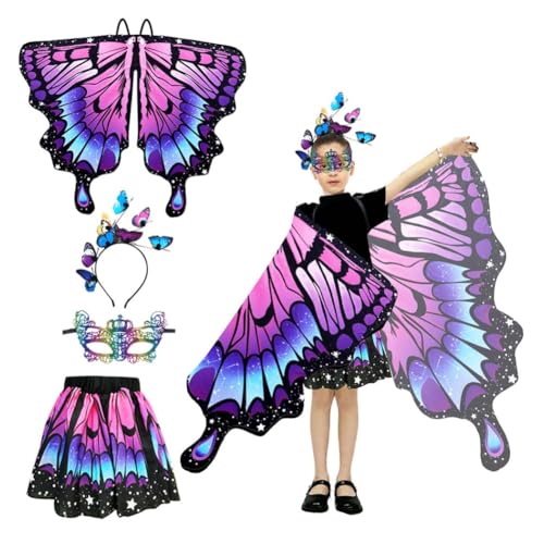 Schmetterling Kostüm Kinder,Schmetterling Flügel Umhang,Schmetterlingsflügel Mädchen Mit Schmetterlingsflügel,Tutu Rock,Haarreif,Gesichtsbedeckungen,Für Karneval Fasching Halloween Cosplay (Lila) von ZJILIXIA