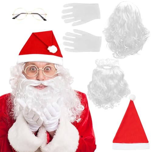 Weihnachtsmann Bart Und Perücke Set,6Stück Weihnachtsmann Kostüm Set,Mit Weihnachtsmann Perücke Nikolausbart Weihnachtsmütze Weihnachtsbrille Handschuhe,Verkleiden Als Nikolaus,Für Weihnachten Cosplay von ZJILIXIA