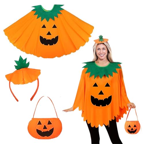 ZJILIXIA Halloween Kürbis Kostüm Damen,Kürbis Cosplay Party Kleidung Mit Kürbiskorb Und Hut,Erwachsene Kürbis Poncho Orange,Halloween Kürbis Mantel Hut Set,Kostüm Kürbis Für Halloween Cosplay Party von ZJILIXIA