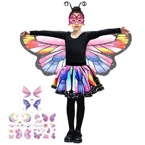 ZJILIXIA Schmetterling Kostüm Kinder,Schmetterling Flügel Umhang,Schmetterling Umhang Kostüm Mit Maske, Tüllrock,Haarreif Und Tattoos,Schmetterling Umhang Für Cosplay,Karneval,Fasching,Mottoparty (A) von ZJILIXIA