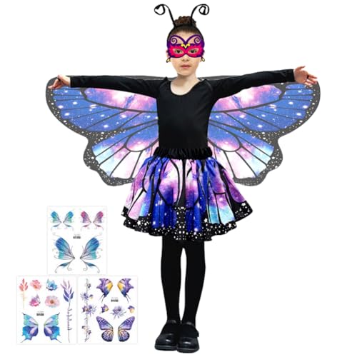 ZJILIXIA Schmetterling Kostüm Kinder,Schmetterling Flügel Umhang,Schmetterling Umhang Kostüm Mit Maske, Tüllrock,Haarreif Und Tattoos,Schmetterling Umhang Für Cosplay,Karneval,Fasching,Mottoparty (B) von ZJILIXIA