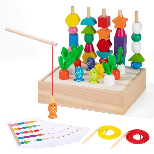 ZLLkeji Holz Spielzeug Set Montessori Spielzeug 5-In-1 Holzspielzeug Angelspiel Sortierspiel Karottenernte Stapelspielzeug Entwicklungsspielzeug Hand Auge Koordination Motorikspielzeug von ZLLkeji