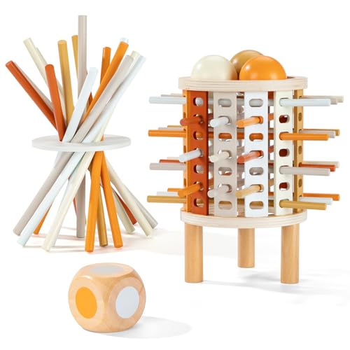 ZLLkeji Montessori Spielzeug Ab 3 Jahren Stapel Spielzeug Holz mit Stäben,Würfel,Kugel Spiel Brettspiel aus Holz Feinmotorik Spiel Familienspiel Reisespiel Für Kinder von ZLLkeji