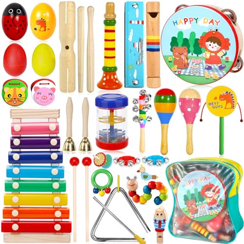 ZLPBAO 34 Stück Musikinstrumente Kinder Set - Holzspielzeug Musikinstrumenten-Set - Baby Kinder Montessori Spielzeug - Xylophon Trommel ab 1 Jahr Kinder Spielzeug Geschenke von ZLPBAO