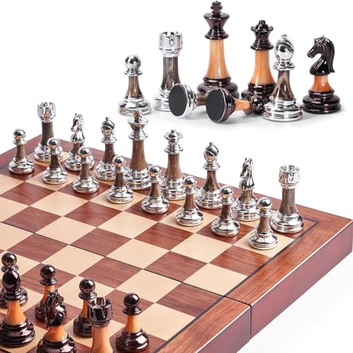 Großes Schach-Set, 42 cm, zusammenklappbares Holzbrett mit großen Acrylstücken, faltbares Schachspiel, Königsschach, geeignet für Reisen, Kinder und Erwachsene von ZLSNOBLE