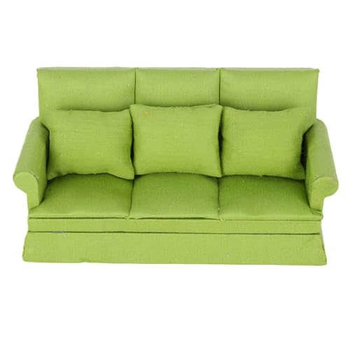 ZLXHDL Puppenhaus Sofa Couch, 1:12 Puppenhaus Mini Sofa mit 3 Stück Kissen, Wohnzimmermöbel Holz gepolstert Miniatur, Miniatur Couch (Apple Green) von ZLXHDL