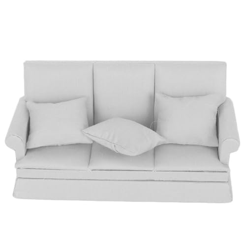 Puppenhaus Sofa Couch, 1:12 Puppenhaus Mini Sofa mit 3 Stück Kissen, Wohnzimmermöbel Holz gepolstert Miniatur, Miniatur Couch (Gray) von ZLXHDL