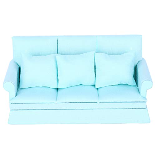 Puppenhaus Sofa Couch, 1:12 Puppenhaus Mini Sofa mit 3 Stück Kissen, Wohnzimmermöbel Holz gepolstert Miniatur, Miniatur Couch (Lake Blue) von ZLXHDL