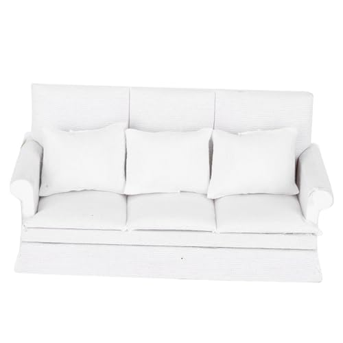 Puppenhaus Sofa Couch, 1:12 Puppenhaus Mini Sofa mit 3 Stück Kissen, Wohnzimmermöbel Holz gepolstert Miniatur, Miniatur Couch (White) von ZLXHDL