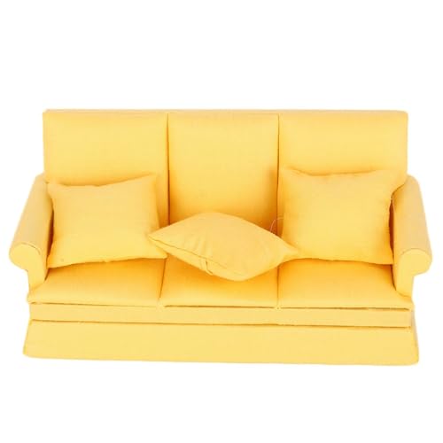 Puppenhaus Sofa Couch, 1:12 Puppenhaus Mini Sofa mit 3 Stück Kissen, Wohnzimmermöbel Holz gepolstert Miniatur, Miniatur Couch (Yellow) von ZLXHDL