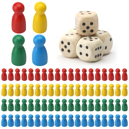 ZMDMAH 80 Stück Spielfiguren für Brettspiele und 5 Würfel aus Holz, Spielfiguren Aus Holz für Brettspiele, Holzpuppen Spielfiguren, Würfel Aus Holz Spielfiguren, Spielkegel Set, Halmakegel Aus Holz von ZMDMAH