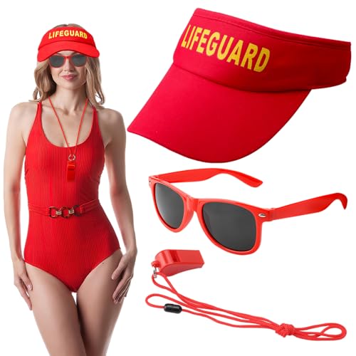 ZMDMAH Rettungsschwimmer-Kostüm-Set, Lifeguard Kostüm mit Rot Verstellbare Sonnenschutzkapp Wachpfeife und Sonnenbrille, Kostüm Baywatch, Rettungsschwimmer Kostüm für Erwachsene, Männer, Frauen von ZMDMAH