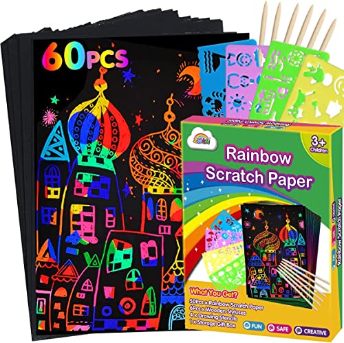 ZMLM Kratzbilder für Kinder, 60pcs Regenbogen Kratzpapier Zeichnungs-Art Handwerk Schwarz Abkratzen Papier Kit Kratzpapier Kleinkind Vorschul Learning Geschenke für Age 3 4 5 6 7 8 9 10 Kinder von ZMLM