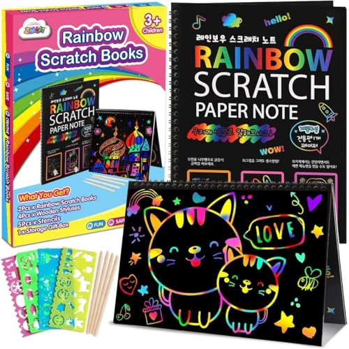 ZMLM Kratzbilder für Kinder, 2 Pack Regenbogen Kratzpapier Kratzbuch für 3-10 Jahre alte Mädchen Jungen Gefälligkeiten Geschenke für Geburtstag Halloween Weihnachtsfeier Spiel von ZMLM