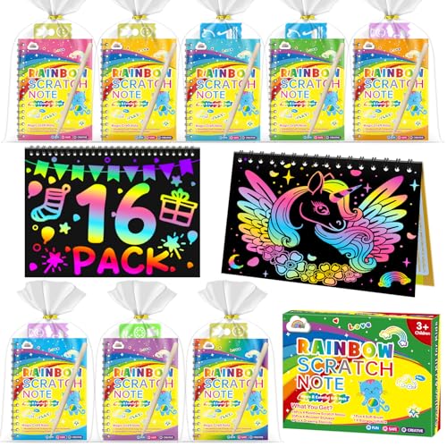 ZMLM Scratch Papier Kunst-Handwerk Notebooks: 16 Pack Regenbogen Party Favors Bulk Scratch Note Pad für Kinder Alter 3-12 Black Art Supplies Mädchen Junge Geburtstag Geschenk Weihnachten von ZMLM