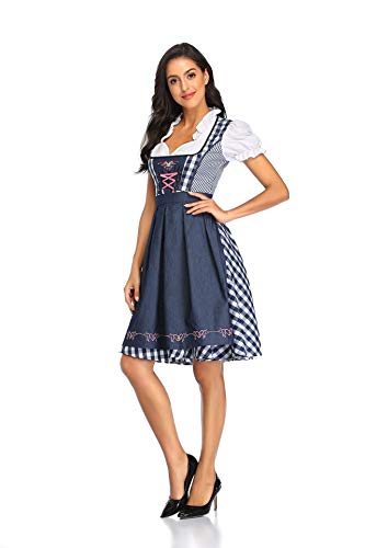 ZNLFS Damen Oktoberfest Dirndl Kostüm Dienstmädchen Plaid Deutsches Bierfest Cosplay Bayerisches Kleid Halloween Verkleidung Karneval Outfits (Dunkelblau, L) von ZNLFS