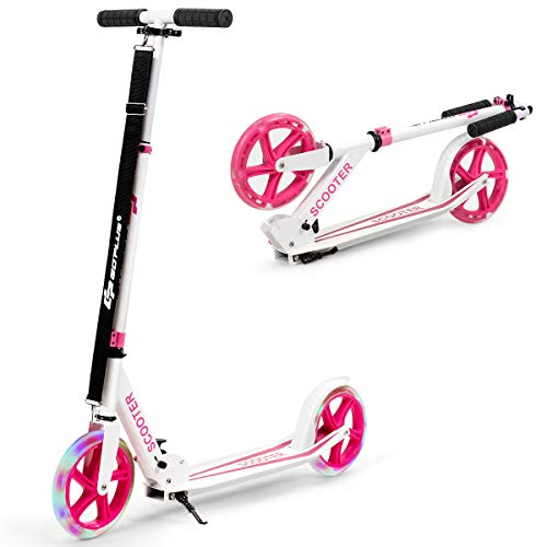 ZOAPDEBCE Folding Kick Scooter Scooter Kids Scooters, 2 Flash Wheels Scooter mit 3-stufig verstellbarem Lenker, Hinterfußbremse und Tragegurt, Sportroller for Kinder, Teenager, Erwachsene(Roze) von ZOAPDEBCE