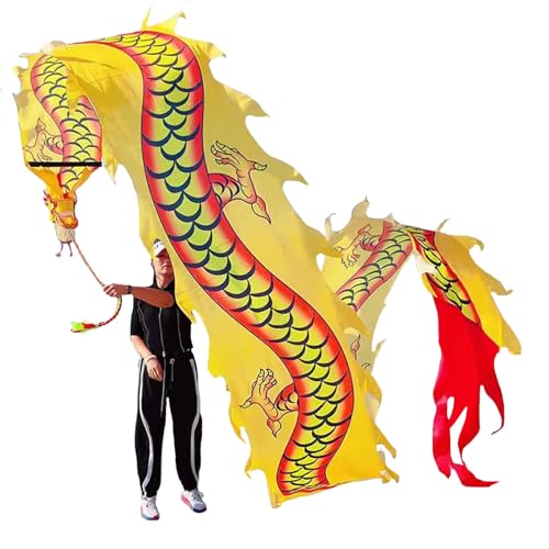 ZOAPDEBCE3D Dragon Ribbon Streamer， Drachen-Poi-Tanz-Drachen-Spinnbänder, seidenartiges Spinn- und Schüttel-Poi-Set mit 3D-Drachenkopf, Schaukelseil und Tasche(Giallo,10m/33ft) von ZOAPDEBCE