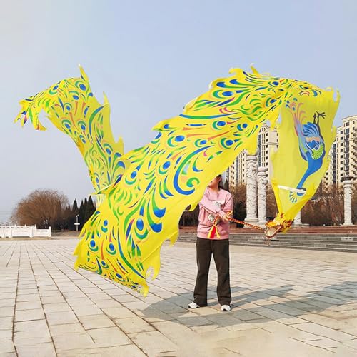 ZOAPDEBCE3D Dragon Ribbon Streamer， Pfauenmuster-Tanzband, bunter gymnastischer Seidenstreamer mit Kopf, tragbarer Kunstseidendrachen for Fitness-Jonglage(Giallo) von ZOAPDEBCE