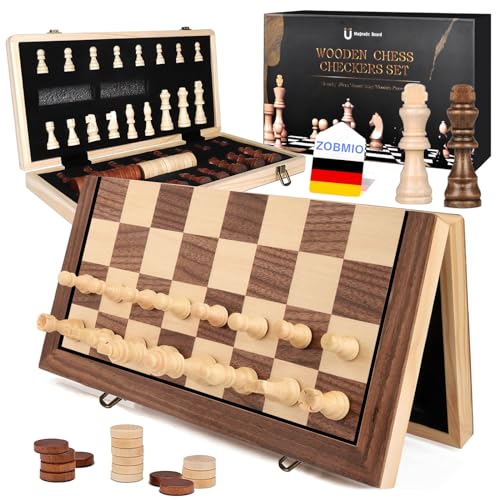 ZOBMIO Tragbare Schach Klappbar, Holzschachspiel für Erwachsene, Tragbares Schachbrett Faltbares magnetisches Schachspiel Brettspiel für Kinder Anfänger Reisen Schachfigurenset von ZOBMIO