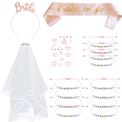 ZOCONE 16 Stück Bride to Be Schärpe Set Junggesellenabschied Frauen, mit 12 Team Bride Armbänder+1 Braut Schärpe+Braut Schleier+Roségold Tattoos+Tiara, Hen Party Accessoires Bachelorette Party Deko von ZOCONE