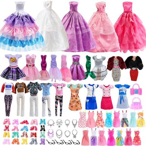 ZOCONE 44 Stück Kleidung für Puppen Zubehörset 12 Puppen Kleider+10 Puppen Schuhe+10 Puppenschmuckzubehör+2 Handtaschen+9 Puppenkleidung +1 Prinzessinnen Kleider für 11,5 Zoll Große Puppen von ZOCONE