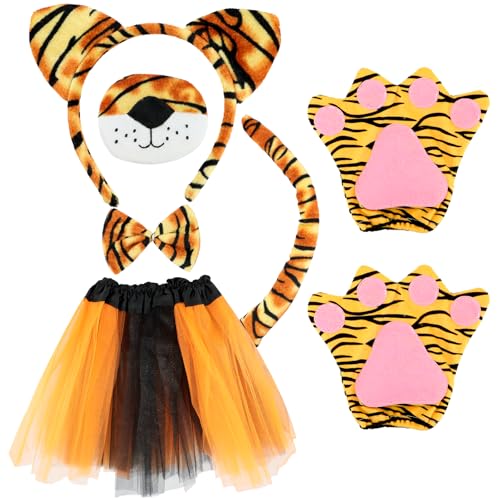 ZOCONE 7 Stück Damen Tiger Kostüm Kinder Set, Tiger Ohren Tigernase Tiger Schwanz Tiger Claw Verkleidung Fliege und Tutu für Karneval Kostüm Karneval Party Dekoration Zubehör von ZOCONE