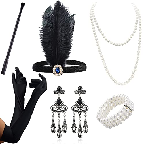 ZOCONE 8-teiliges Set Accessoires für Damen, Federband, lange Handschuhe, Halskette mit Perlen, Gatsby Kostüm, Set Charleston, Zubehör für Halloween, Weihnachten, 20er Jahre, Party, Ballzubehör (Blau) von ZOCONE