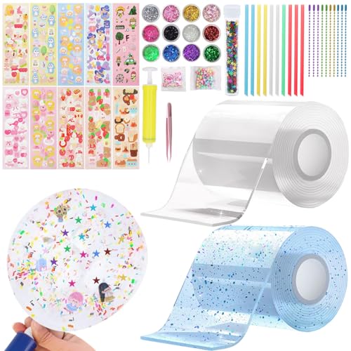 ZOCONE Nano Tape Bubbles Set 49 Stück Nano Tape Set Blaue und Transparente Nanoband mit Glitzer Dekorationen Pumpe Blowing Bubble Tape Stressabbau Spielzeug DIY Bubble Craft für Erwachsene Kinde von ZOCONE