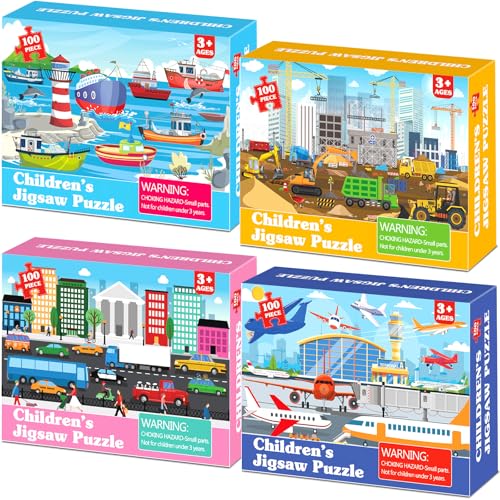 4 Packungen 100 Stück Transport-Puzzles für Kinder im Alter von 4–6 Jahren, Baufahrzeug-Puzzle, Weihnachts-Partyzubehör, Verkehrsauto, Kleinkinder, Puzzle, Denkspiel, Geschenk für Jungen und Mädchen von ZOIIWA