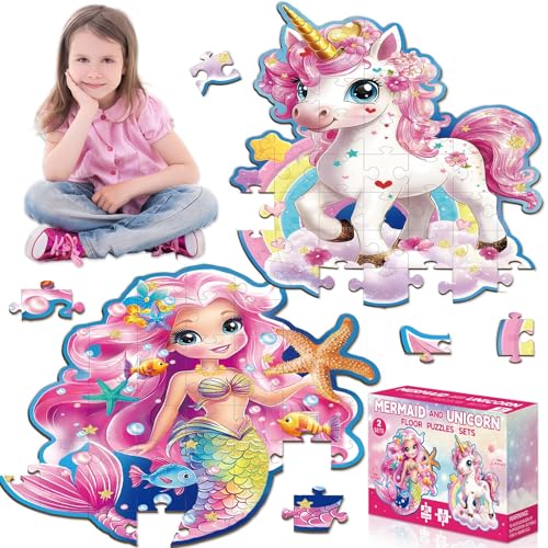 ZOIIWA 2 Packungen Einhorn- und Meerjungfrau-Puzzle-Set, großes Puzzle-Set für Kinder, Einhorn-Puzzle, Meerjungfrauen-Bodenpuzzle, Meerjungfrauen-Einhorn-Spielzeug, Geschenke für Mädchen, Geburtstag, von ZOIIWA