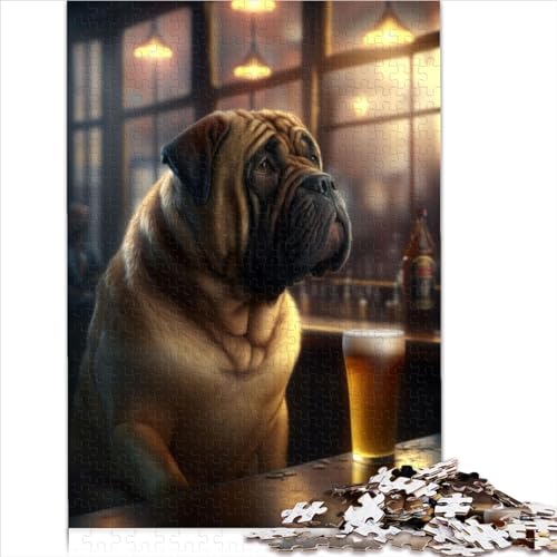 Puzzles für Erwachsene 500 Mastiff-Hund, der Bier trinkt, Holzpuzzles, interessante Stressabbau-Puzzles (Größe 52x38cm) von ZOMTOON