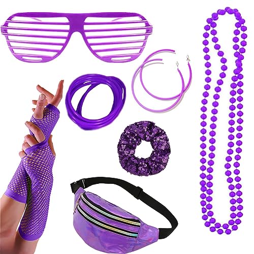 ZOOMPIL 80 Jahre Kostüm Zubehör Set, 80er Jahre Accessoires, Inklusive Netzhandschuhe, Bauchtasche, Brille, Stirnband, Armband, Blitz-Ohrringe, Halskette, für Karneval, Fasching, Lila von ZOOMPIL