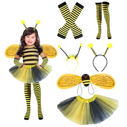 ZOOMPIL Bienenkostüm Set, Hummel Bienen kostüm für Kinder Mädchen, Bienenflügel, kurze Röcke, Kopfreihe, lange Socken und Ärmeln, Verwendet für Rollenspiele Mädchen, 6pcs von ZOOMPIL