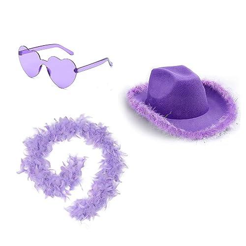 ZOOMPIL Cowboy Hut Lila, Cowboyhüte für Damen, Filz-Cowboy-Hut für Frauen, Cowboyhut Federn, mit Herzbrille Und Federboa, für Erwachsene Partyhut und Play Dress-Up von ZOOMPIL