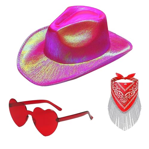 ZOOMPIL Cowboyhut Glitzer, Cowboy Hut für Damen, Cowboyhut mit blinkender Krempe, 3pcs Glitzernd Hut mit Herz Brille und Bandana, Cosplay Party Halloween Karneval Kostüm Zubehör (Rot) von ZOOMPIL