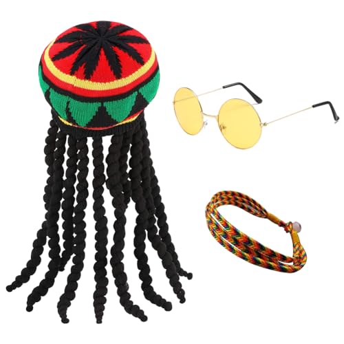 ZOOMPIL Rasta Mütze, Mütze Rasta Dreadlocks, Jamaica Mütze, mit Runde Brille und geflochtenes Armband, Mehrfarbig, Jamaica, Maskerade-Kostümzubehör für Partys, Cosplay, 3 Stück von ZOOMPIL