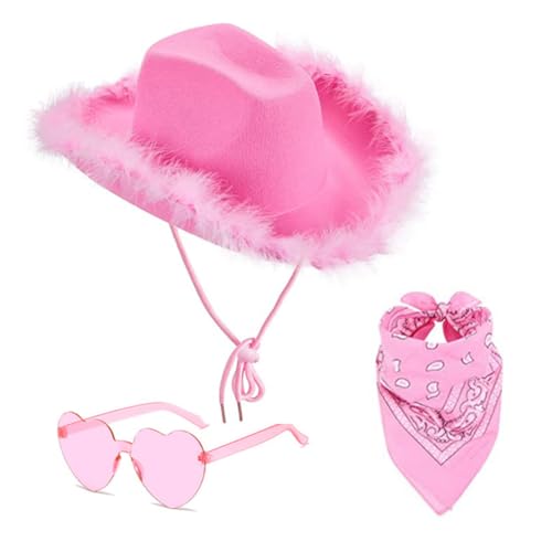 ZOOMPIL Rosa Cowboyhut, Cowboy Hut für Damen, Filz Cowboyhut, mit Herz Brille, Rosa Bandana, Cosplay Party Halloween Karneval Kostüm Zubehör, 3 Stück von ZOOMPIL