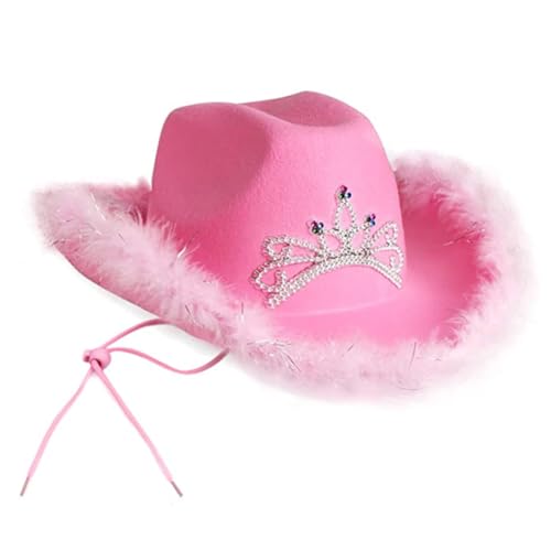 ZOOMPIL Rosa Cowgirl-Hut, Damen Cowboyhut, Cowboyhut mit rosa Krone, Damen Cowboyhut mit Federbesatz, für Party Halloween Karneval Kostüm Kostümzubehör von ZOOMPIL