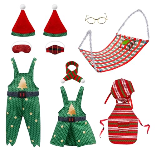 ZOOMPIL Weihnachten Elf Kleidung, Weihnachts Kleidung für Mini Puppen, 11pcs Weihnachtself Zubehör, Elf Hängematte, Bademantel, Brille, Schal, Schürze, Kochmütze, Kissen, für Puppendekorationen von ZOOMPIL