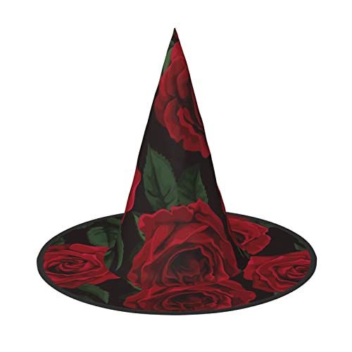 ZORIN Halloween-Hexenhut für Damen, Kostüm, rote Rose, Blume, grüne Blätter, Hexenzubehör, Kappen für Themendekoration, Halloween, Party, Cosplay von ZORIN