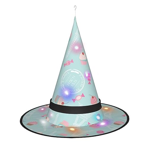 ZORIN Halloween-Hexenhut mit LED-Lichtern, Frauenkostüm, Eiffelturm, süßer Kuchen, Hexenzubehör, Kappen für Themendekoration, Halloween, Party, Cosplay von ZORIN