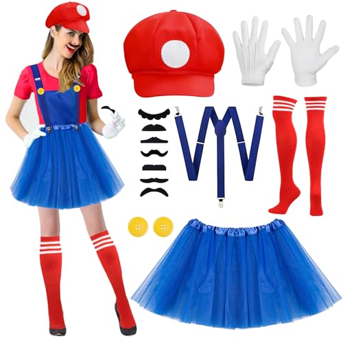 Cosplay Kostüm Zubehör,Kostüm Set mit 1 Kappen,7 Schnurrbärten,1 Paar Handschuhen,1 Elastische Hosenträger,1 Knöpfe,Kostüm Rollenspiel Party Set für Weihnacht Dekoration,Cosplay,Karneval (Rot) von ZORTORZ