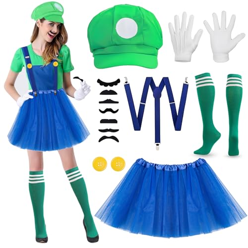 Cosplay Kostüm Zubehör,Kostüm Set mit 1 Kappen,7 Schnurrbärten,1 Paar Handschuhen,1 Elastische Hosenträger,1 Knöpfe,Kostüm Rollenspiel Party Set für Weihnacht Dekoration,Cosplay,Karneval (Grün) von ZORTORZ