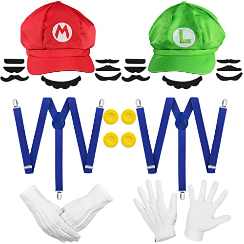 ZORTORZ Cosplay Kostüm Zubehör,Kostüm Set mit 2 Kappen,14 Schnurrbärten,2 Paar Handschuhen,2 Elastische Hosenträger,4 Knöpfe,Kostüm Rollenspiel Party Set für Weihnacht Dekoration,Cosplay,Karneval… von ZORTORZ