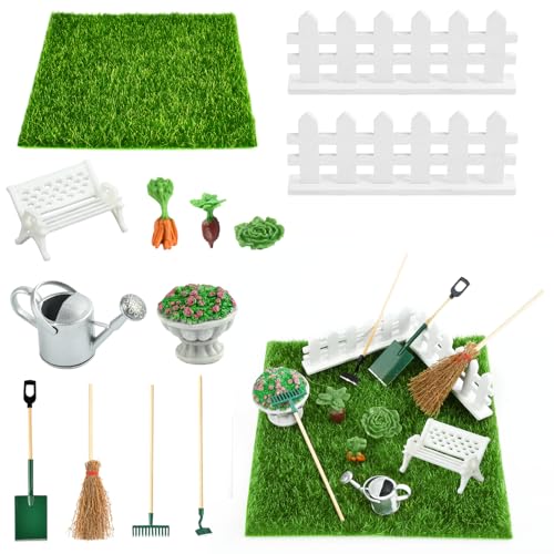 13 Stück Miniatur Garten Zubehör, Miniatur Garten Zubehör Set mit Kunstrasen, Zaun, Gemüse, Miniatur Gartengeräte, Gartengeräte Mikrolandschaft für DIY, Feengarten Dekoration, Minigärten von ZOSIGN