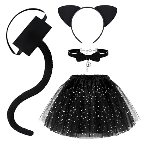 Katze Cosplay Set, 4pcs Katze Schwarz Kostüm, Stirnband Katzenohren, Halloween Rock Mädchen, Katzenschwanz, Halloween Kostüm Accessoires, Cosplay-Kostüme für Mädchen Passend für Halloween-Karneval von ZOSIGN